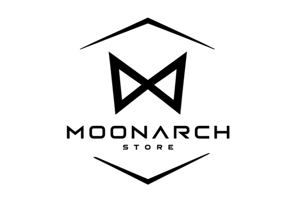 White logo and text of 'MOONARCH STORE' on a black background